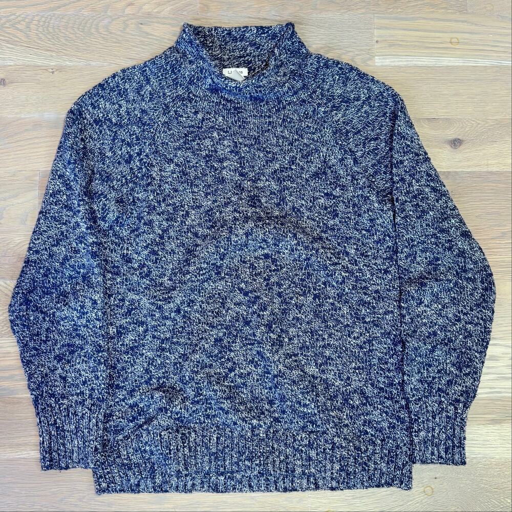 LL Bean Y2K Roll Neck Fisherman Sweater Marled Cotton Blue Unisex Blue Men Small